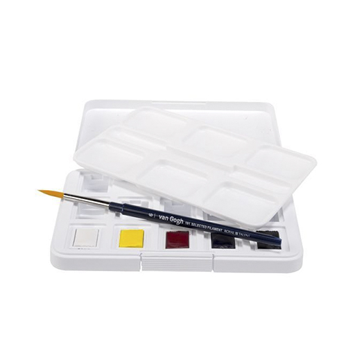 VAN GOGH WATERCOLOUR PLASTIC BOX PRIMARY COLOURS SET OF 5 HALF PANS + 7 EMPTY SLOTS + BRUSH