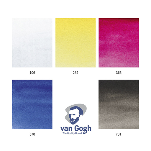 VAN GOGH WATERCOLOUR PLASTIC BOX PRIMARY COLOURS SET OF 5 HALF PANS + 7 EMPTY SLOTS + BRUSH
