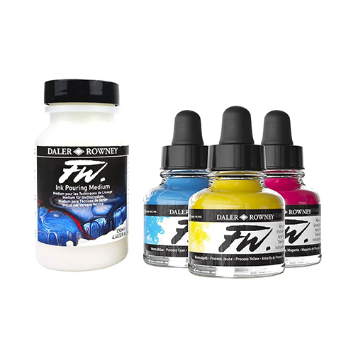 DALER ROWNEY FW ACRYLIC INK SET OF 3 PRIMARY COLOURS + POURING MEDIUM