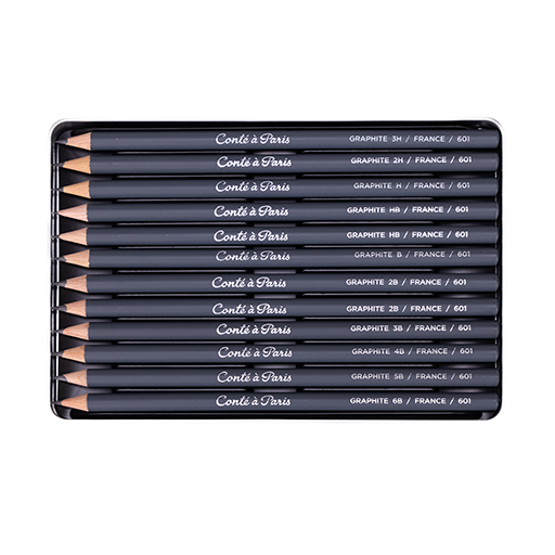CONTÉ À PARIS DRAWING SET OF 12 ASSORTED GRAPHITE PENCILS IN A METAL TIN