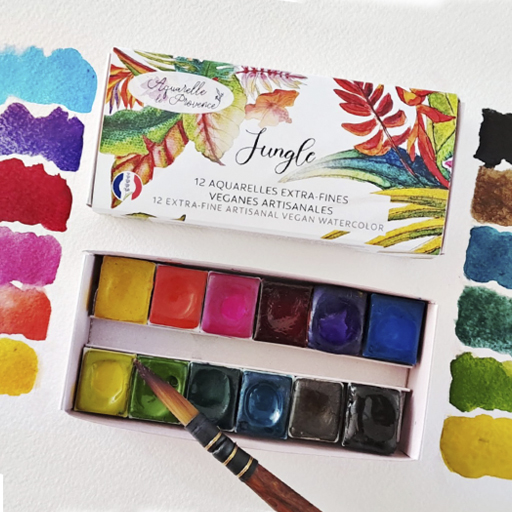AQUARELLE DE PROVENCE BOÎTE JUNGLE 12 DEMI-GODETS D'AQUARELLE EXTRA-FINE VÉGANE ARTISANALE