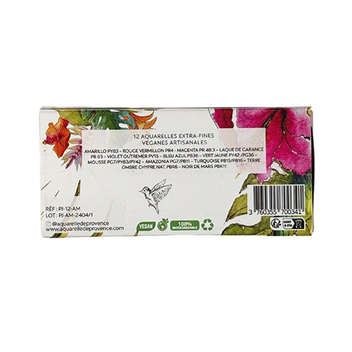 AQUARELLE DE PROVENCE BOÎTE JUNGLE 12 DEMI-GODETS D'AQUARELLE EXTRA-FINE VÉGANE ARTISANALE