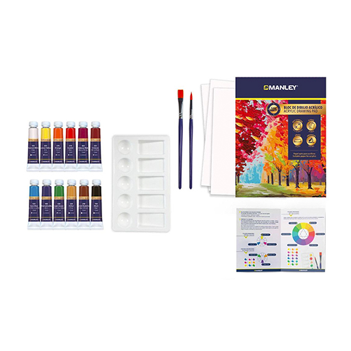 MANLEY SET PINTURA ACRÍLICA 12 COLORES TUBOS DE 12 ML + ACCESORIOS