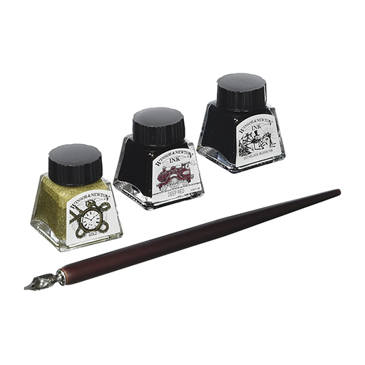 WINSOR & NEWTON COMPLETE CALLIGRAPHY SET - 3 X 14 ML INKS + ACCESSORIES