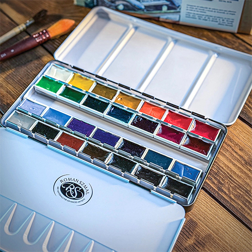 ROMAN SZMAL AQUARIUS SIGNATURE MASTER WATERCOLOUR SET MONA OMRANI - METAL BOX 28 WHOLE PANS