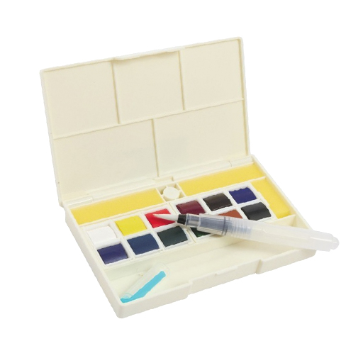 SENNELIER CLAUDE MONET WATERCOLOUR PLASTIC BOX SET OF 12 HALF PANS + WATER BRUSH