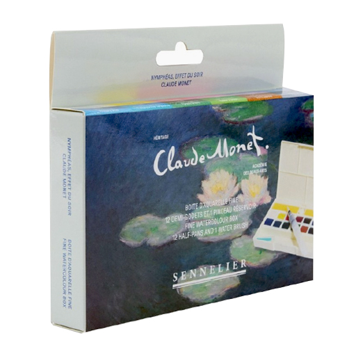 SENNELIER CLAUDE MONET WATERCOLOUR PLASTIC BOX SET OF 12 HALF PANS + WATER BRUSH