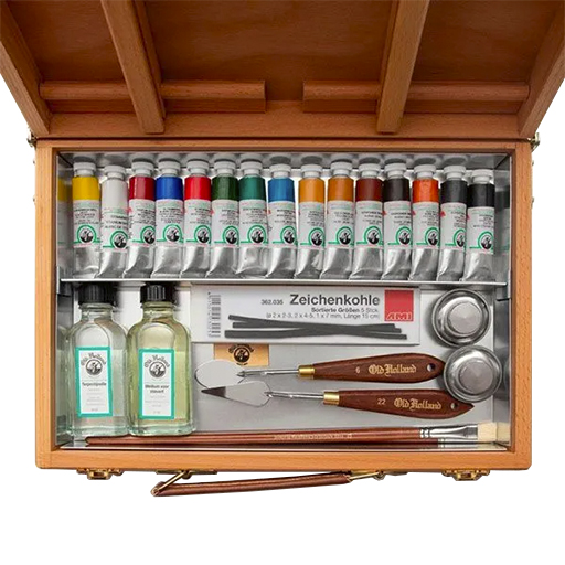 OLD HOLLAND COFFRET BOIS 15 TUBES DE PEINTURE À L'HUILE DE 18 ML + ACCESSOIRES