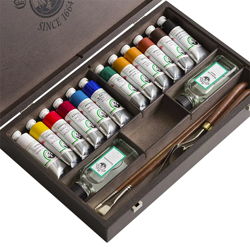 OLD HOLLAND COFFRET BOIS 12 TUBES DE PEINTURE À L'HUILE DE 40 ML + ACCESSOIRES