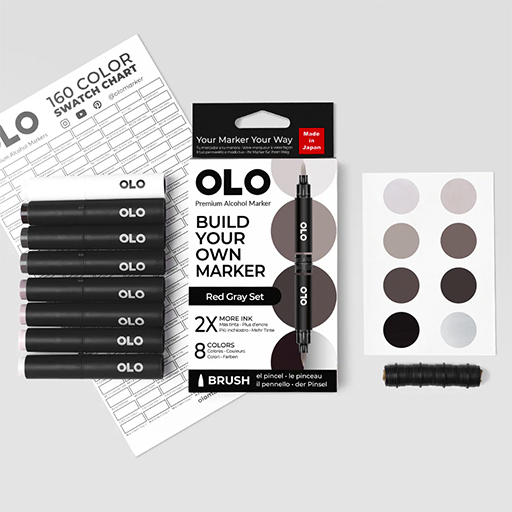 OLO RED GREY SET OF 8 CUSTOMISABLE MARKERS