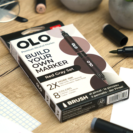 OLO RED GREY SET OF 8 CUSTOMISABLE MARKERS