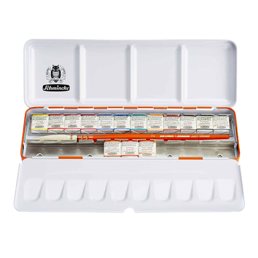SCHMINCKE HORADAM METAL WATERCOLOUR BOX SET OF 15 HALF PANS + BRUSH - JUICY ORANGE EDITION
